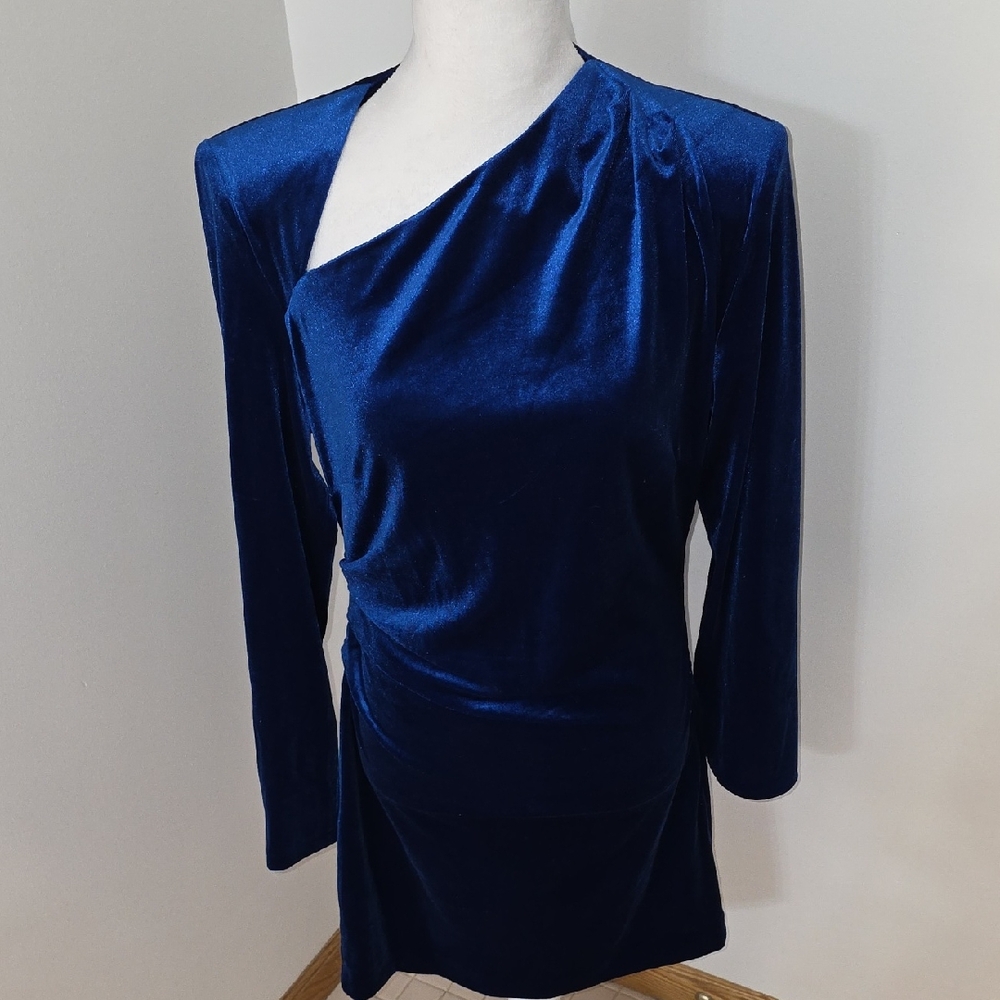 Zara One Shoulder Navy Velvet Dress